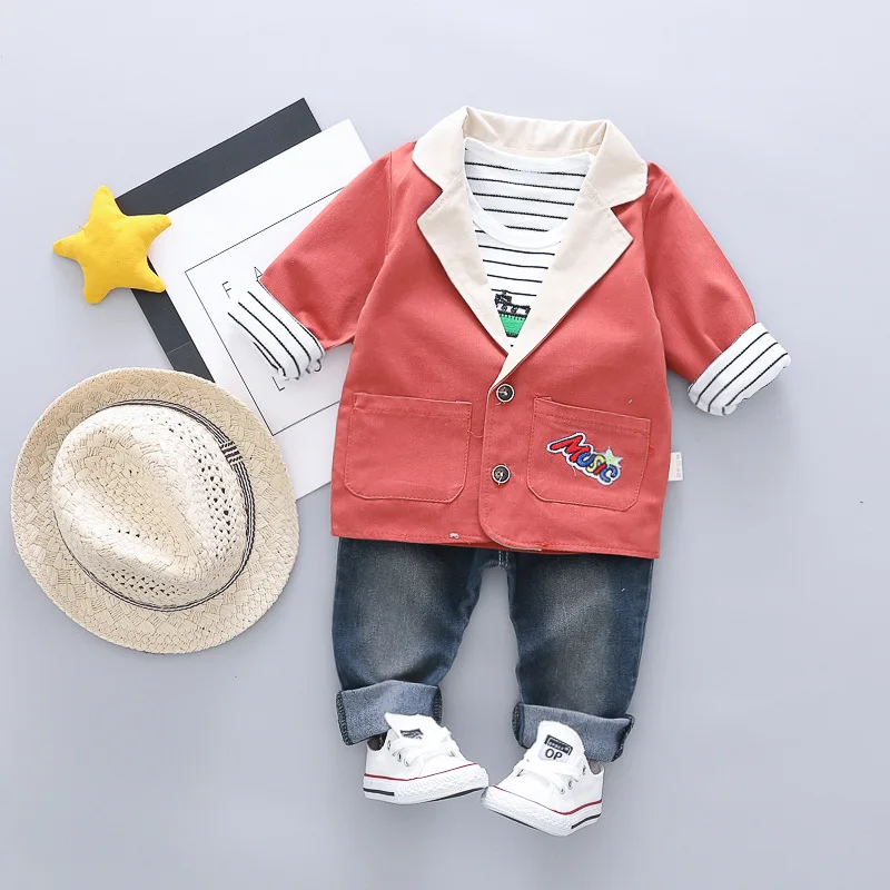 

2019 Kids Boys Spring Suits Children Gentleman Baby Boys Suit Tops +Stripes T-shirt +Jeans 3PCS Set Baby Casual Clothing