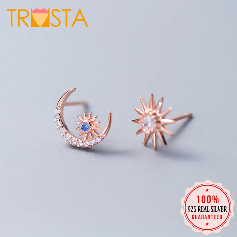 

Trusta 100% 925 Solid Real Sterling Silver 10mmX10mm Sun Moon Twinkling Stud Earring For Women Girl Silver Fine Jewelry XY1196