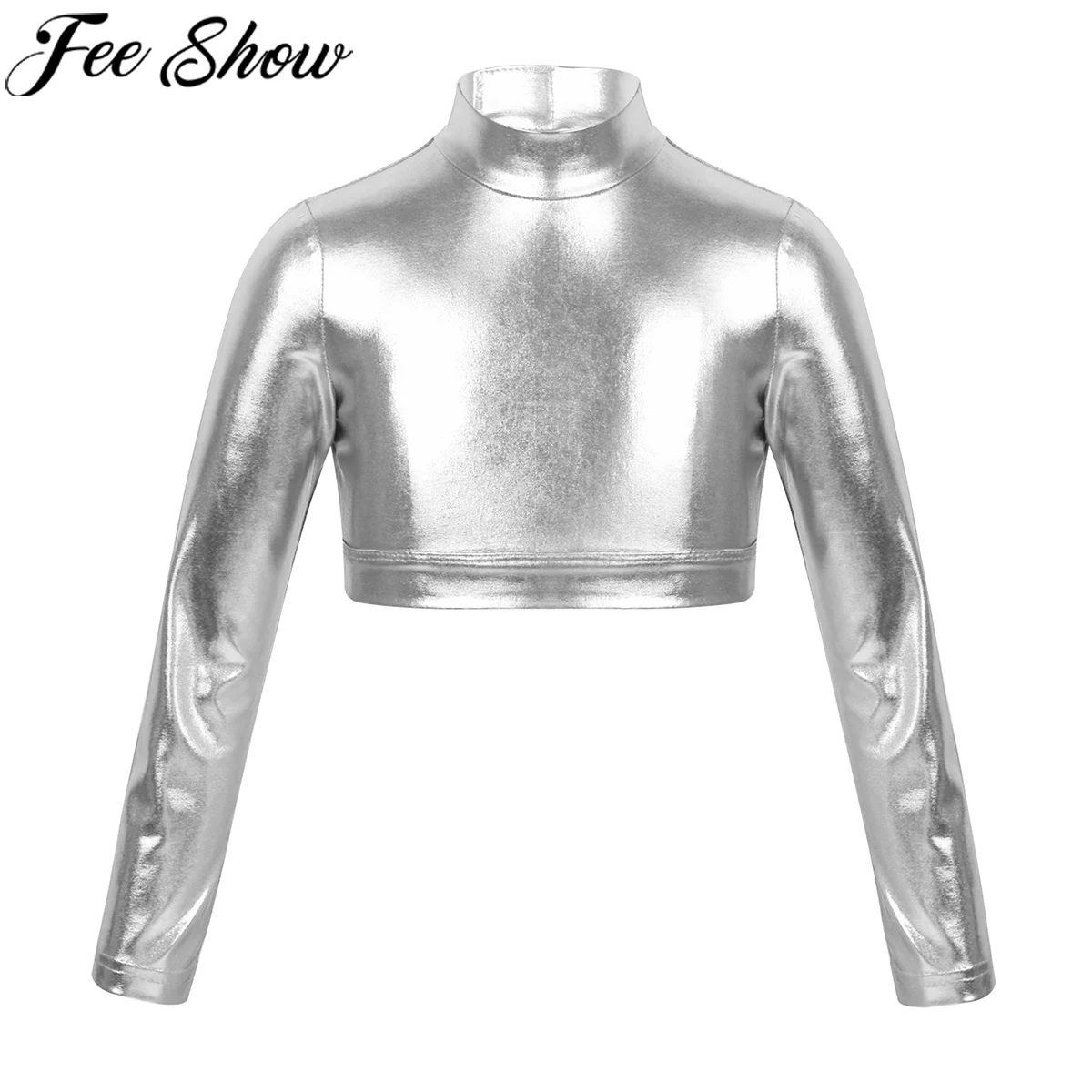 

FEESHOW Kids Girls Long Sleeves T-shirt Shirt Clothes Mock Neck Glossy Metallic Tops Crop Top for Dancing Stage Performance