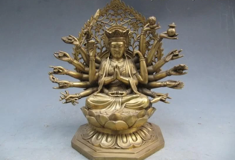 Тибетский ремесленник из чистой латуни 18 рук Avalokitesvara Kwan-Yin Будда | Дом и сад