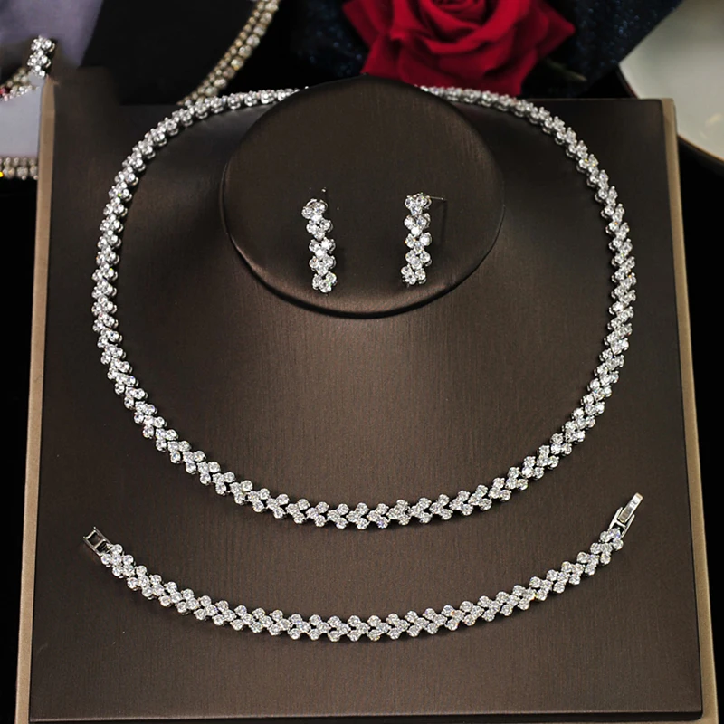 

Crystal Wedding Bridal Jewelry Sets Women Elegant Plant Chain Style Necklace Earrings Silver Color Evening Party Jewelry