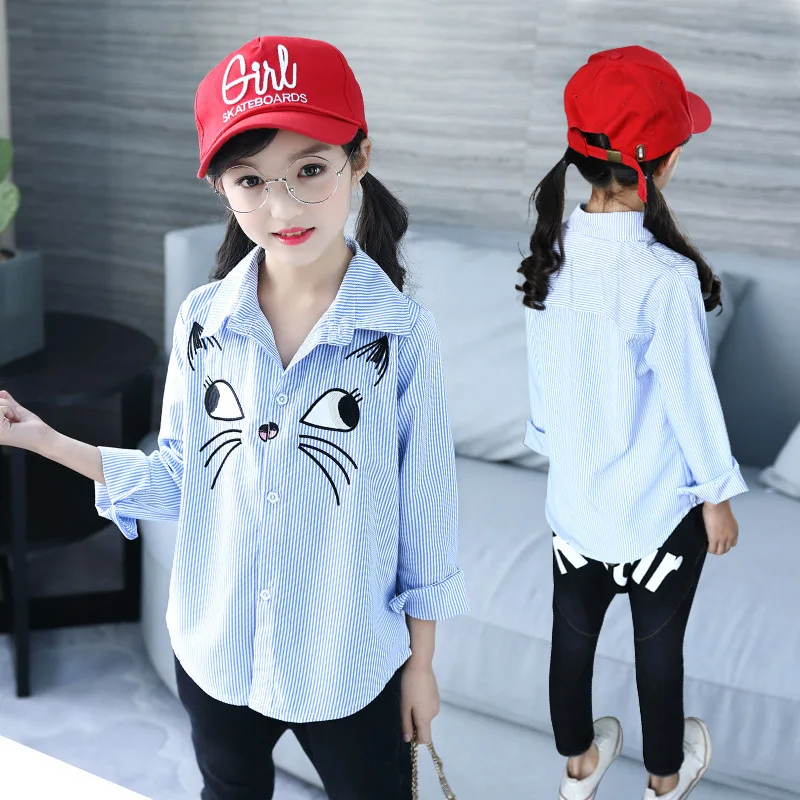 

New Autumn 2018 Girls Shirts Girl Blouses Cotton School Blouses Girls Clothes 10 12 Year Cartton Cat Tops Blue Striped Shirt Tee