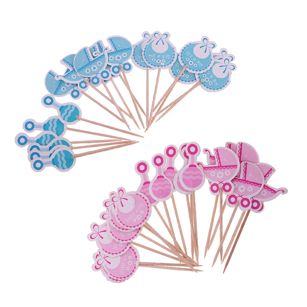 

Set of 36pcs It's a Girl or Boy Cake Topper Gender Reveal Baby Carriage Bib Cupcake Food Picks Photo Props Pink Blue