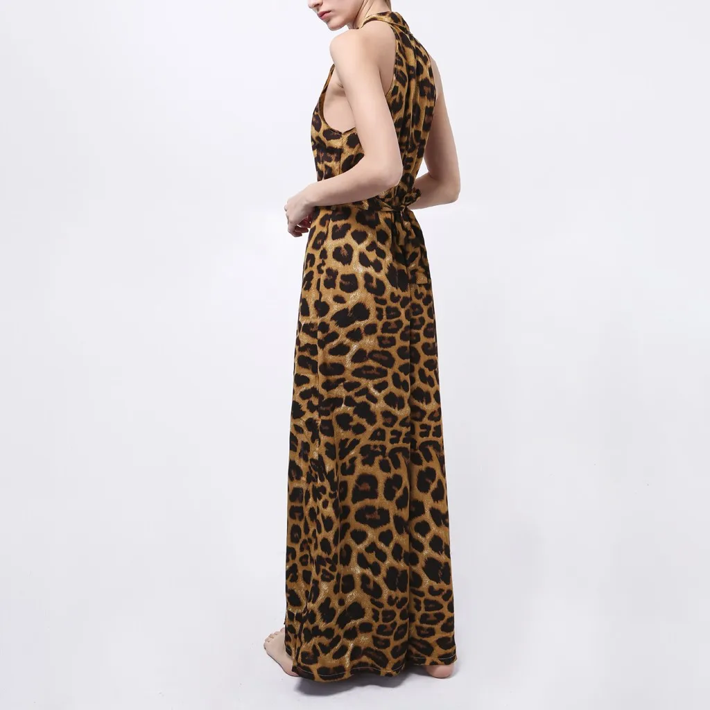 Feitong, женское сексуальное леопардовое платье с лямкой на шее, с круглым вырезом, без рукавов, модное длинное платье, Robe Longue Femme