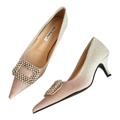 

New 2018 autumn women's shoes high-heeled women's fine with pointed women's single shoes with Korean version of BB diamond metal