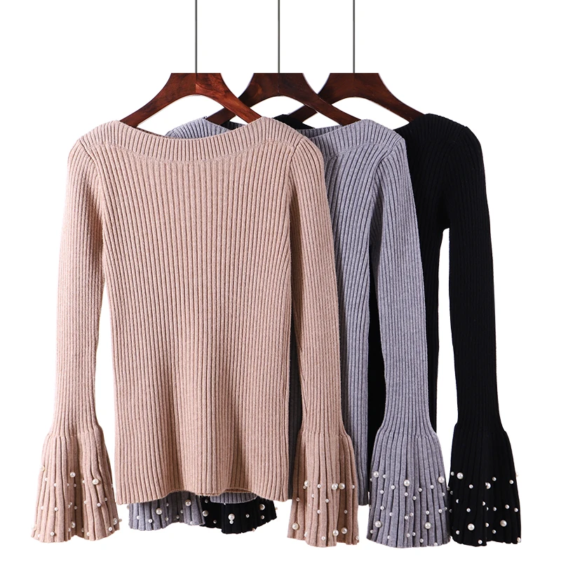 2019 Autumn Women Thick Sweater Warm Outerwear New Style Fashion Beading Sleeve Pullover Winter Slash Neck Sweater Female D215