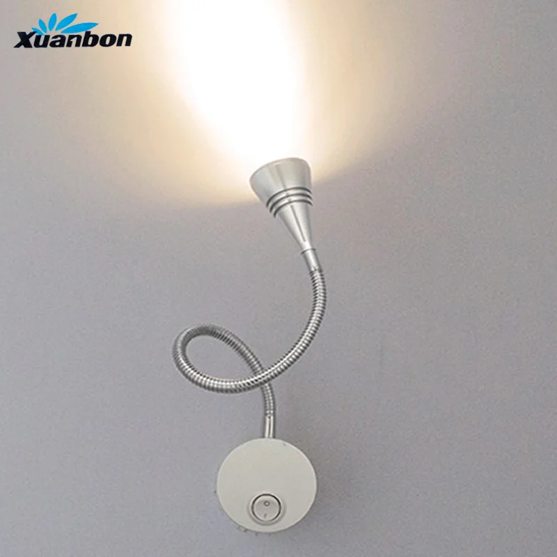 

LED Wall lamp with Switch 90-260V 3W Modern Bedroom Bedside Lamp Black Silver Light Body 360 Degree Angle Adjustable wall light