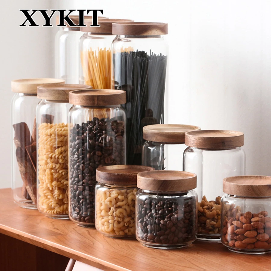 XYKIT Glass Food Storage Bottle Rubber Cover Sealed Grains Nuts Tank Can Kitchen Sorting Food Storage Box Container