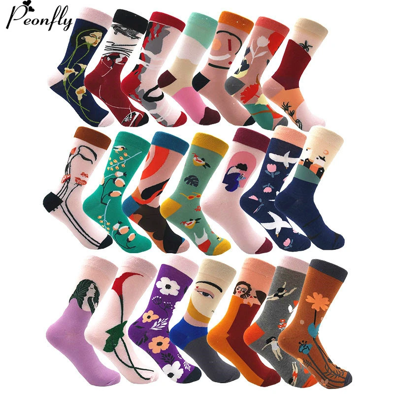 PEONFLY женские носки японский хлопок Красочные мультфильм милый забавный счастливый каваи геометрические цветы носки для девочек Рождественский подарок