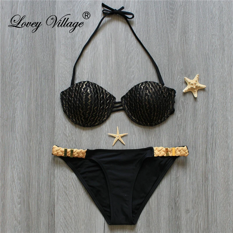 2017 Women Black Print Bandeau Thong Brazilian Bikinis Set Swimsuit