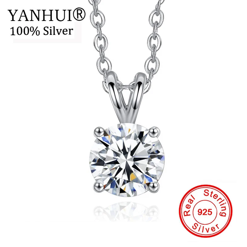 

YANHUI Real Original 925 Pure Silver Wedding Necklace Natural Round 2ct 8mm CZ Zircon Stone Pendant Necklace For Women NXF001