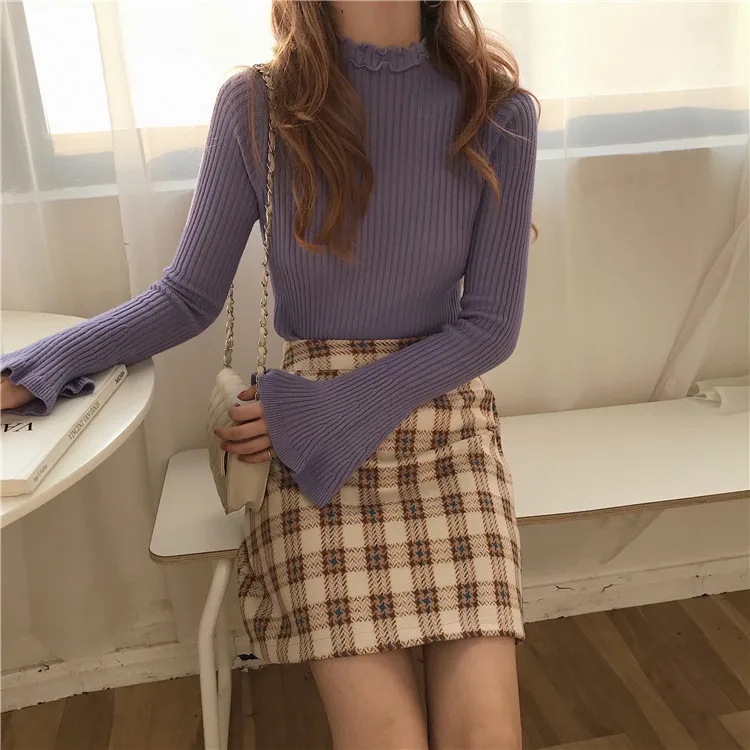 2018 Winter Casual Solid Basic Women Pullover Sweater Lady Thin Knitted Ruffled Collar Long Flare Sleeve Sweater 2018 Winter Casual Solid Basic Women Pullover Sweater Lady Thin Knitted Ruffled Collar Long Flare Sleeve Sweater