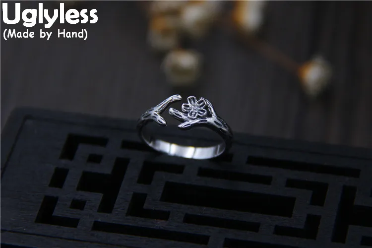

Uglyless Real S925 Sterling Silver Ethnic Flower Finger Rings for Women Handmade Branch Opening Ring Simple Fashion Fine Jewelry