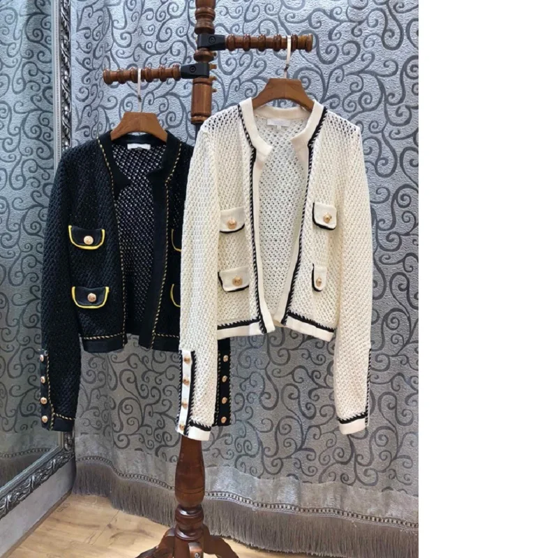 

2018 Fashion Cardigans Sweater Women Hollow Out Knitted Golden Button Long Sleeve Black White Cardigan Jacket Casual Tops Coat