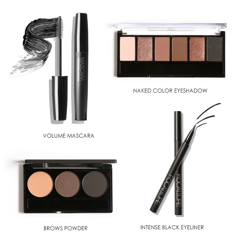 Focallure 8 pcs/set Makeup set including  Lipstick, eyeliner,Mascara, Eyeshadow, Eyebrow Powder,  Blush, Highlighter Cosmetics 