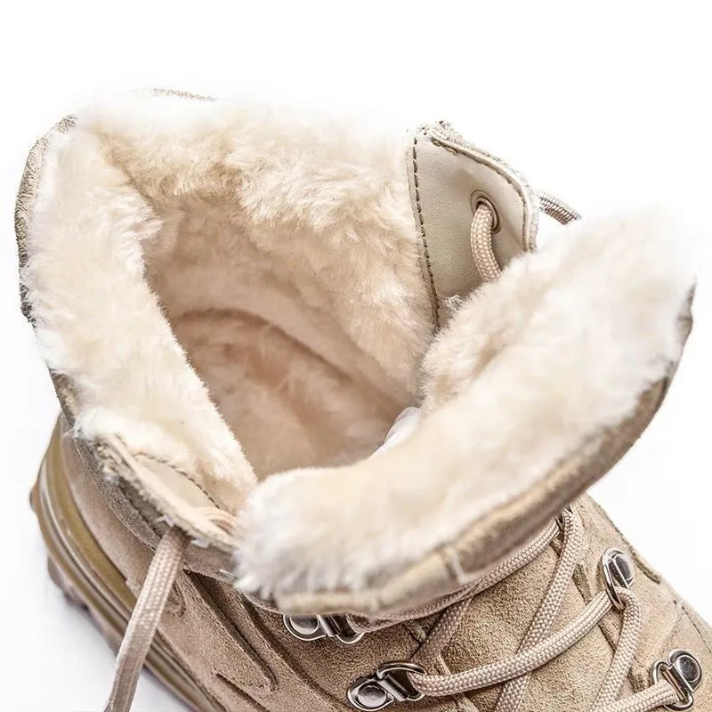 BuonoScarpe/зимние теплые женские ботинки на меху; замшевые ботильоны; обувь на плоской платформе со шнуровкой; женская обувь на толстой подошве; botas mujer - Цвет: Light Brown plush in