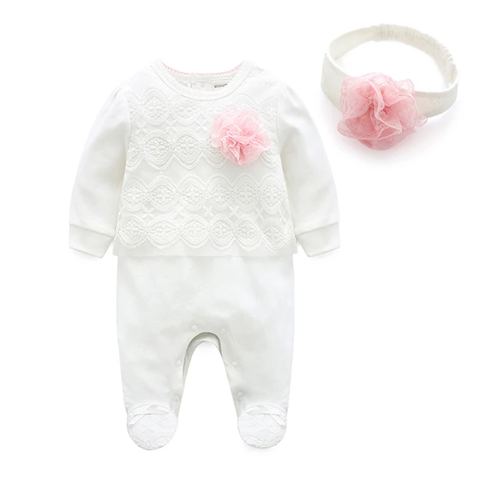 Новорожденные Одежда для девочек, Осенний хлопковый кружевной комбинезон для малыша спортивный костюм, длинные рукава, Детские подштанники для девочек пижама Одежда для малышей 0 3 6 месяцев - Цвет: white color