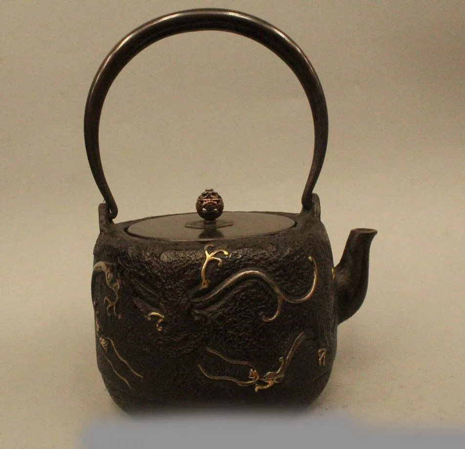 

10"Archaic Japan Japanese Iron Lucky Dragon Kettle Wine Tea Pot Flagon