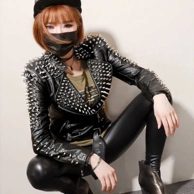 

BringBring 2016 Autumn Winter Fashion Thick Leather Jacket Women With Rivet Punk style Short Slim PU Jacket Locomotive Coat 1