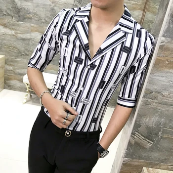 

2019 Summer England Shirts Men Striped Half Sleeve Slim Fit Sexy V-Neck Streetwear Mens Casual Shirts Camisa Social Masculina