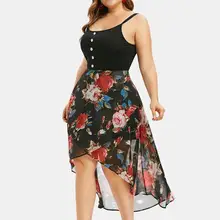 New Hot Sale Clothes Women Plus Size Dresses Sleeveless Buttons Floral Print Overlay Fashion High Low Beautiful Dress Ad