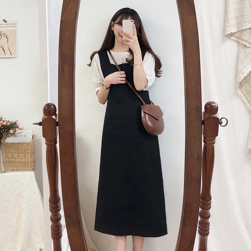 

Korean Style Sundress Overall Dress Women Casual Split Simple Pure Color Harajuku Ladies Dresses Black White Summer Dress Cotton