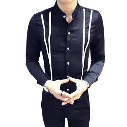 Демисезонный Для мужчин рубашка узкие в британском стиле Fit с длинным рукавом мужской социальной футболки со стоячим воротником лента для
