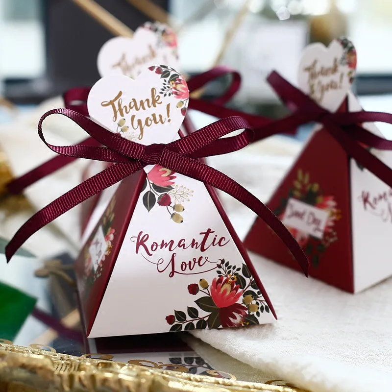 

Flamingo Marble style Triangular Pyramid Wedding Favors Candy Boxes with thank you tags Bomboniera Giveaways Box Party Gift Box