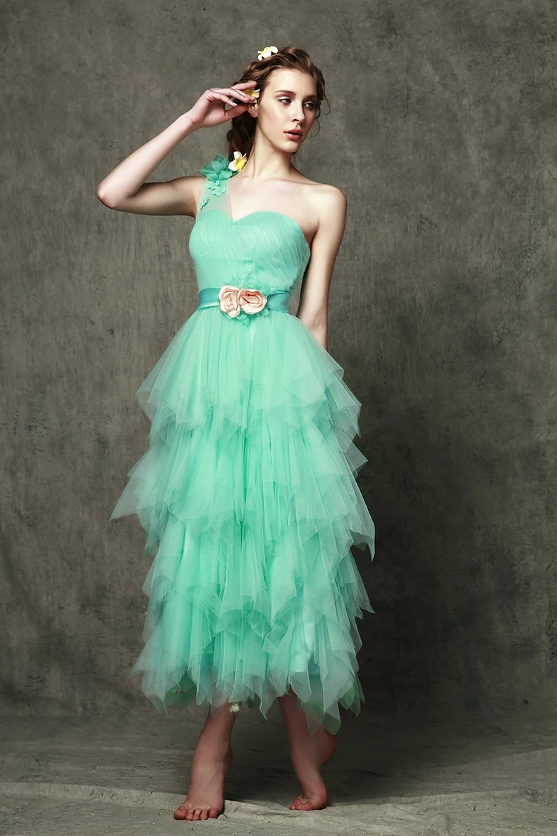 Green New Arrival Elegant One Shoulder Tulle Ruffles Flower A Line Tea Length Bridesmaid Dresses