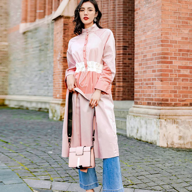 

LANMREM 2020 Spring New Lapel Single-breasted High-quality Dress For Women Long-sleeved Contrast Color Patchwork Clothes QF29011