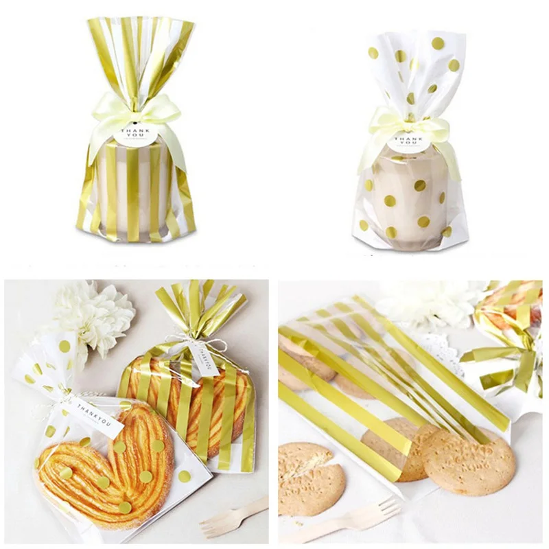 100pcs gold stamp polka dot striped cookie bag candy packing bag biscuit dessert bags party gift