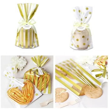 

100pcs gold stamp polka dot striped cookie bag candy packing bag biscuit dessert bags party gift wrapping bags favor supply