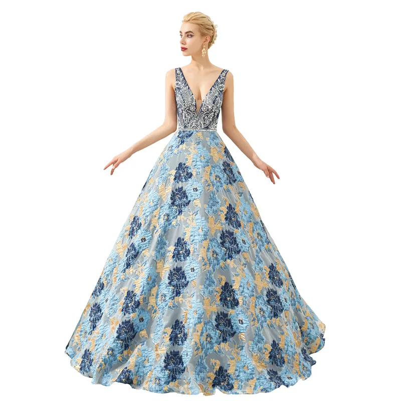 

Luxury Taffeta with Printed Deep V-neck Backless Tank Long dresses evening Vestido de noche Avondjurk Long dress Ever pretty