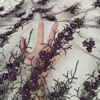 

dark purple 3d handwork sequences beads and appliques lace fabric african asoebi lace fabric