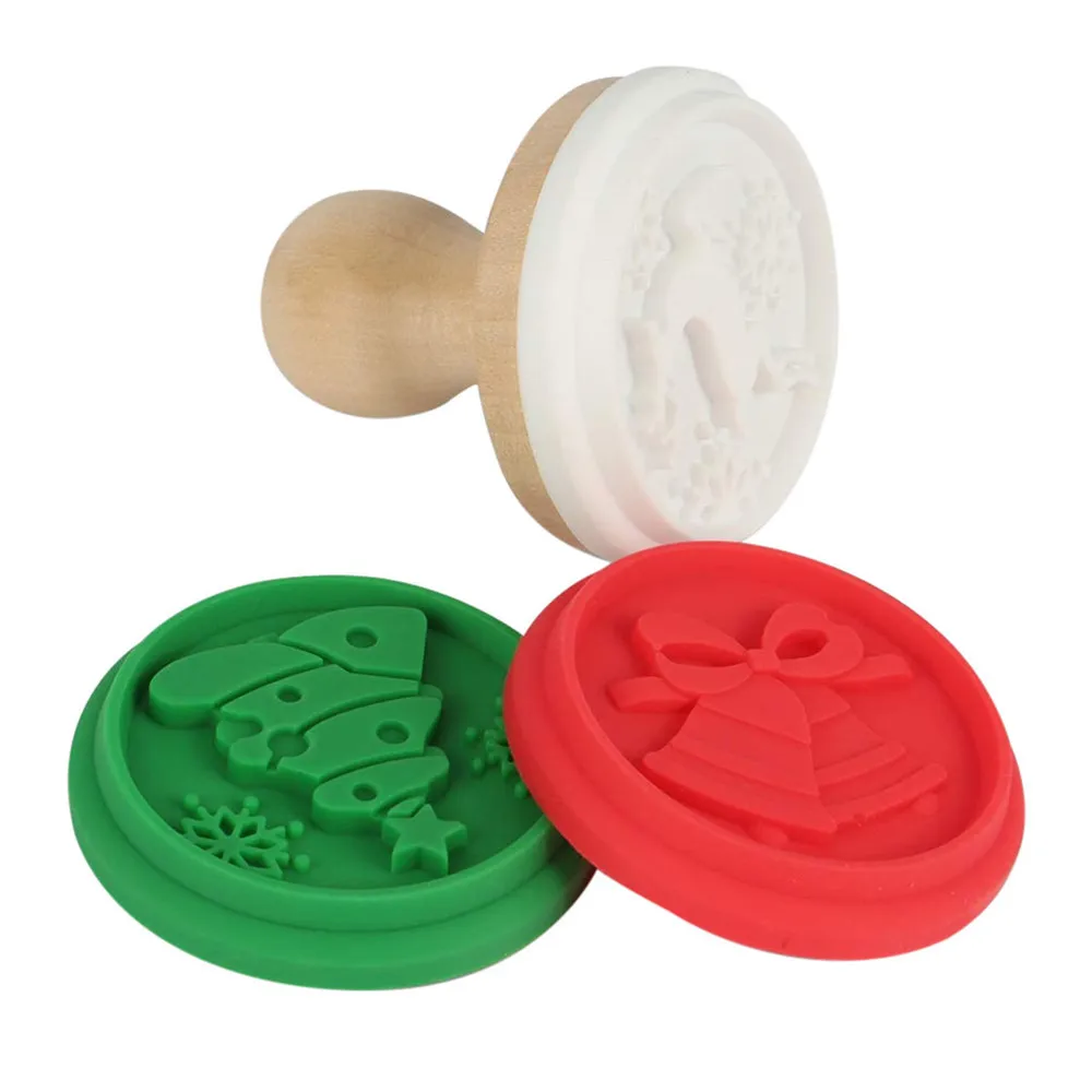 

Xmas Cake Moulds Christmas Silicone Cookie Stamp Cutter DIY Pastry Cake Cookie Seal Mould with Wooden Handle Biscuit Baking Tool