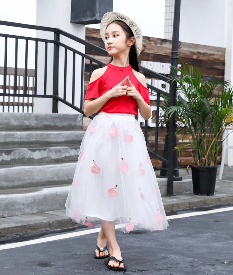 Falda para niñas adolescentes, para faldas largas de gasa para niñas, cintura elástica, bordado de cisne, faldas tutú 2 4 8 10 13 14 años|Faldas| - AliExpress