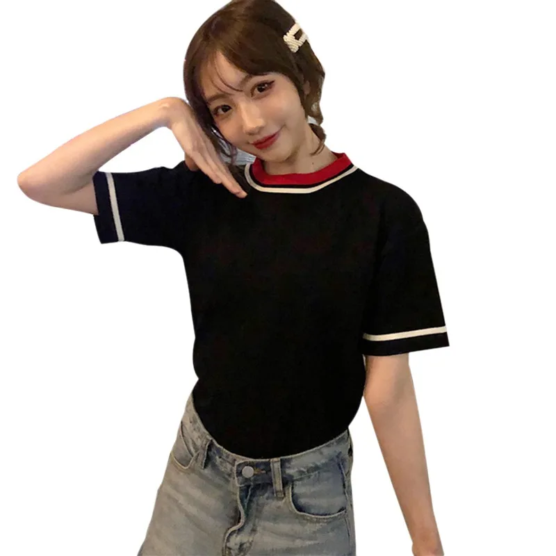 

Sweet Women Casual Color block Short T shirt O Neck Short Sleeve Knitted Tops