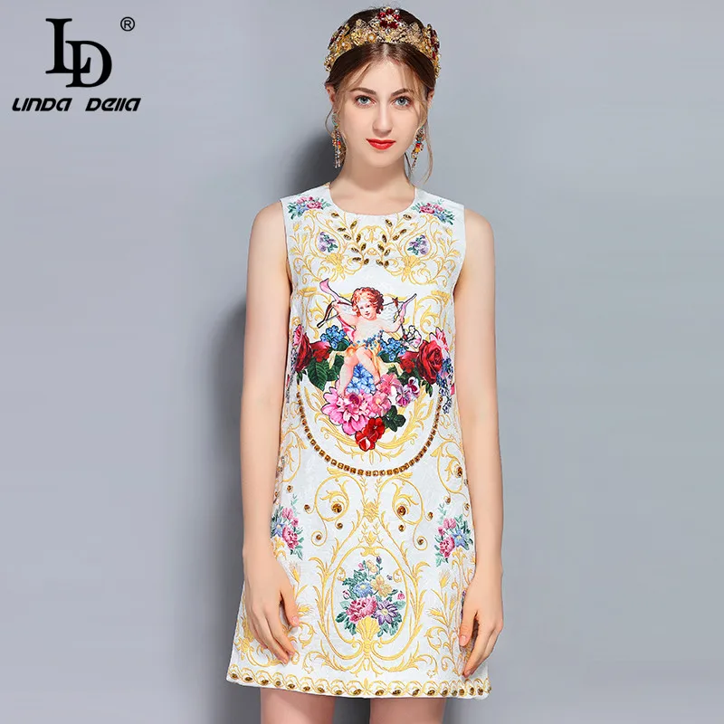 

LD LINDA DELLA New Fashion Runway Summer Dress Women's Sleeveless Luxury Crystal Beading Elegant Angel Flower Printed Dress