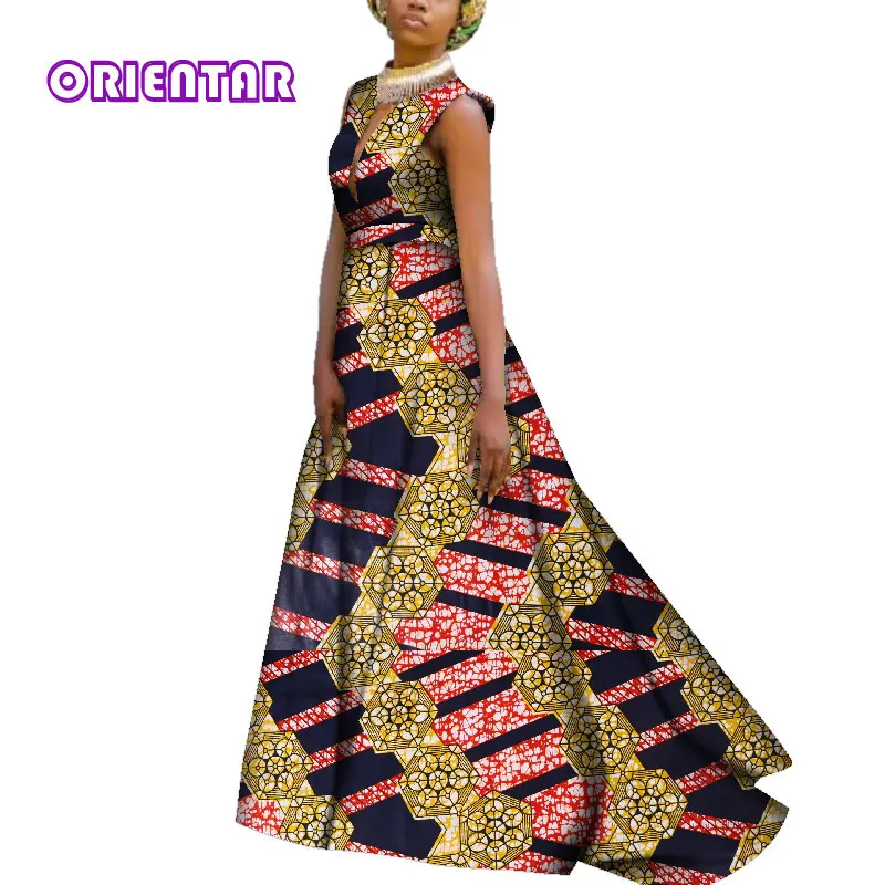 Женское платье в африканском стиле с вощеным принтом Bazin Riche, длинное платье макси, сексуальное платье с глубоким v-образным вырезом без рукавов для свадебной вечеринки WY3703