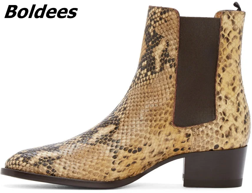 

Boldees Trendy Snakeskin Printed Men's Boots Fashion Shoes Buckle Zipper Men Ankle Boots Iron Pointed Toe High Top ShoesCelebrit