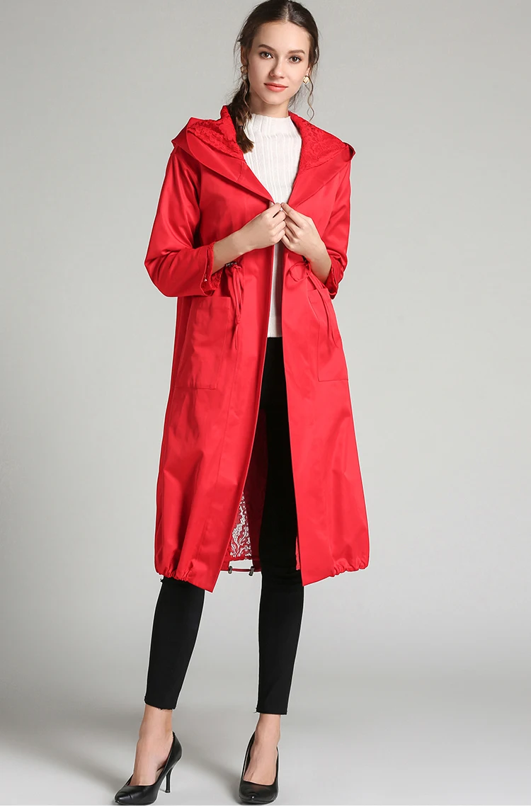 Осенне-весенний Тренч, черный, красный, с капюшоном, полный рукав, карман, шнуровка, Женское пальто, высокое качество, плюс размер, 5XL, 4XL, 3XL, 2XL, XL, L