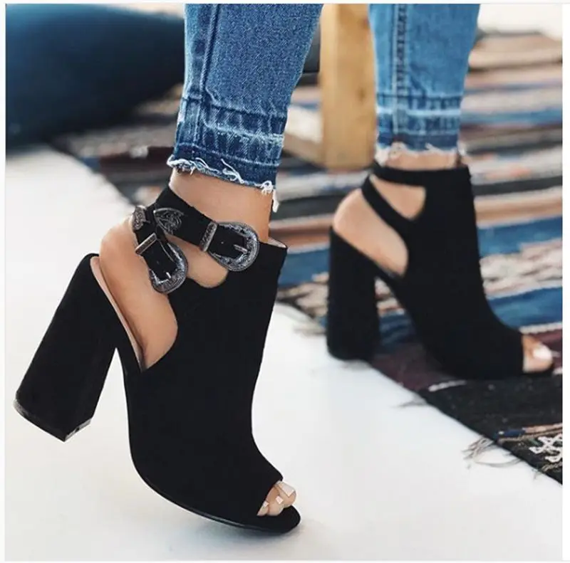 

Fashion women's shoes sandals Buckle Strap peep toed Chunky high heels shoes Gladiator ladies party dress shoes Serpentine black