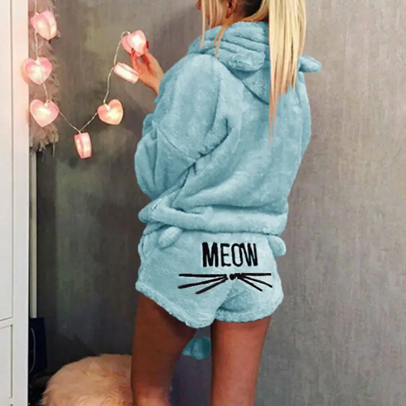 Women Girls Winter Thicken Pajamas Set Cute Cat Meow Embroidered Short Pants Long Sleeve Hooded Ears Sweatshirt Warm Sleepwear