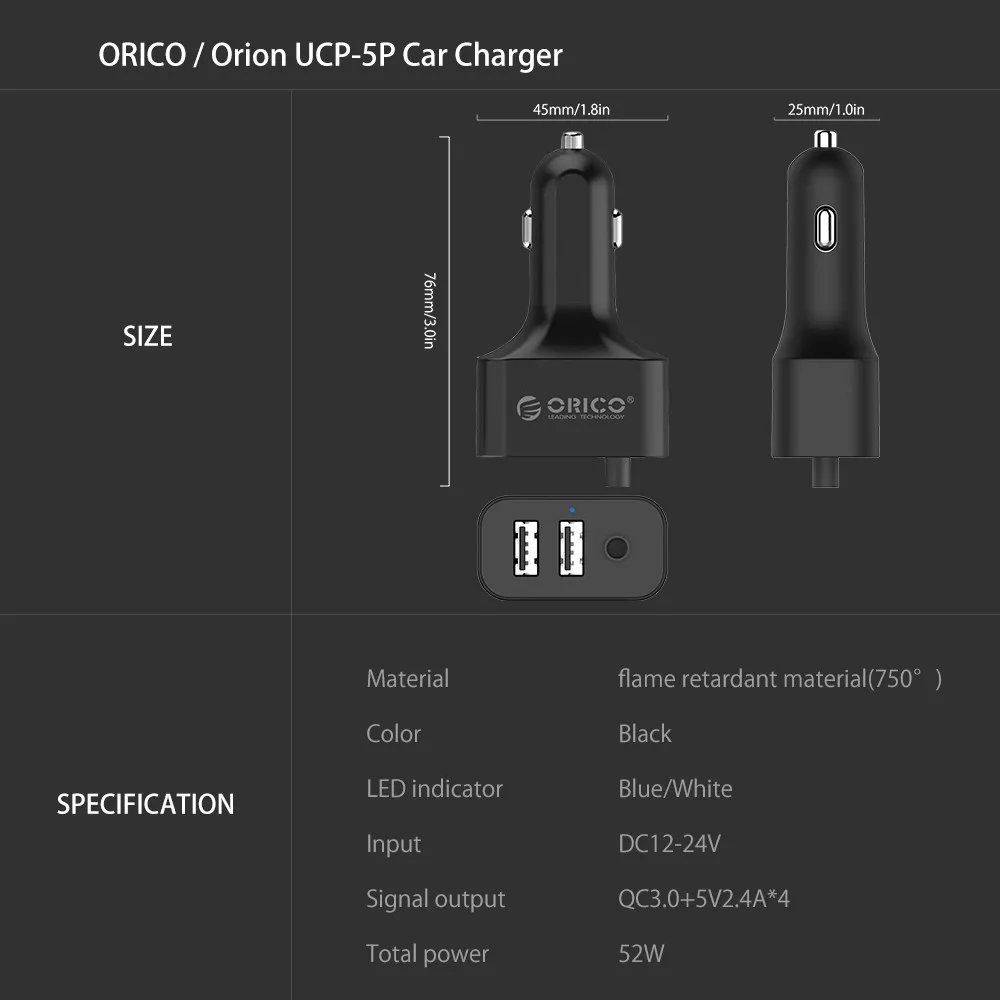 ORICO 5 USB выход QC3.0 автомобильное быстрое зарядное устройство 3,0 универсальное USB быстрое зарядное устройство 52 Вт для Iphone x 8 samsung Xiaomi зарядное устройство для мобильного телефона