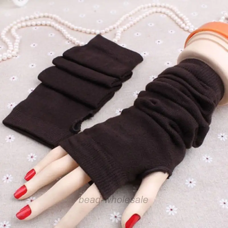 Горячие женские зимние наручные руки теплые вязаные длинные перчатки, варежки без пальцев#012 - Цвет: brown