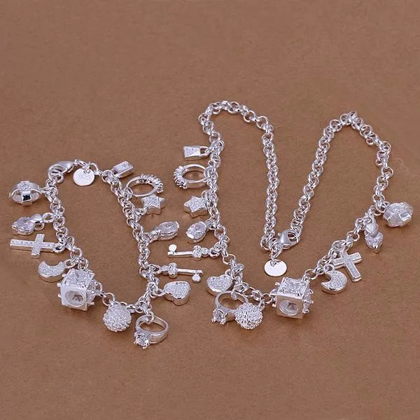 

Women Jewelry Sets 925 stamped silver plated 13 charms Cross Lock Key Heart Star Moon Flower Zircon bracelets + Necklace sets