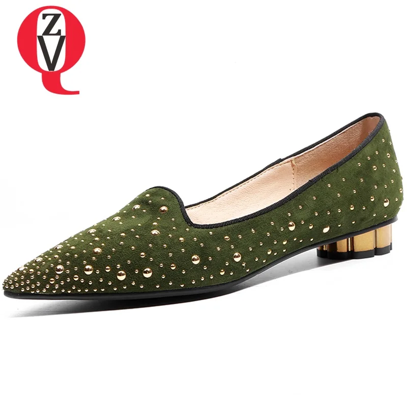 

ZVQ women heels shoes crystal decoration ladies thick heel spring new pumps pointed toe leather shoes kid suede dress shoes lady