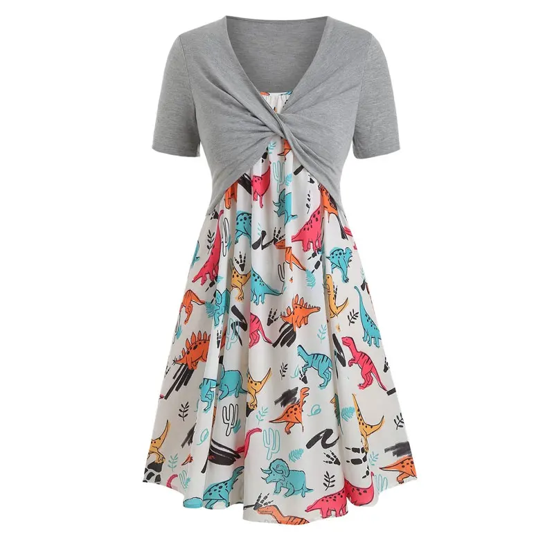 

2019 V-neck Twisting Short Sleeve Dinosaur Print Dress Two-Piece Set Party Dress