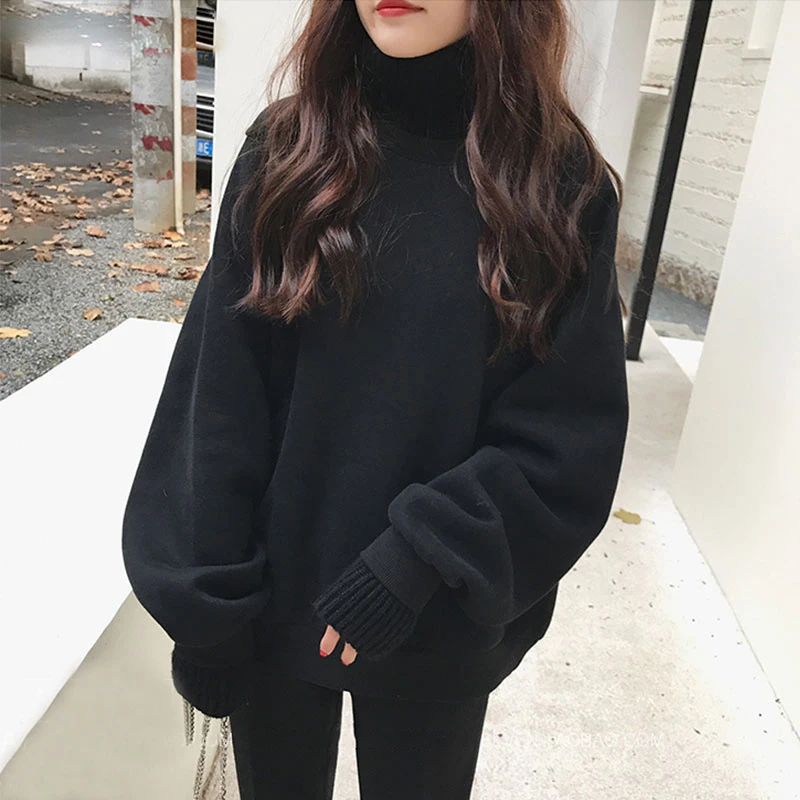  Hoodies Women Thicker Plus Velvet Warm Solid Turtleneck Womens Hoodie Korean Style Kawaii Trendy El