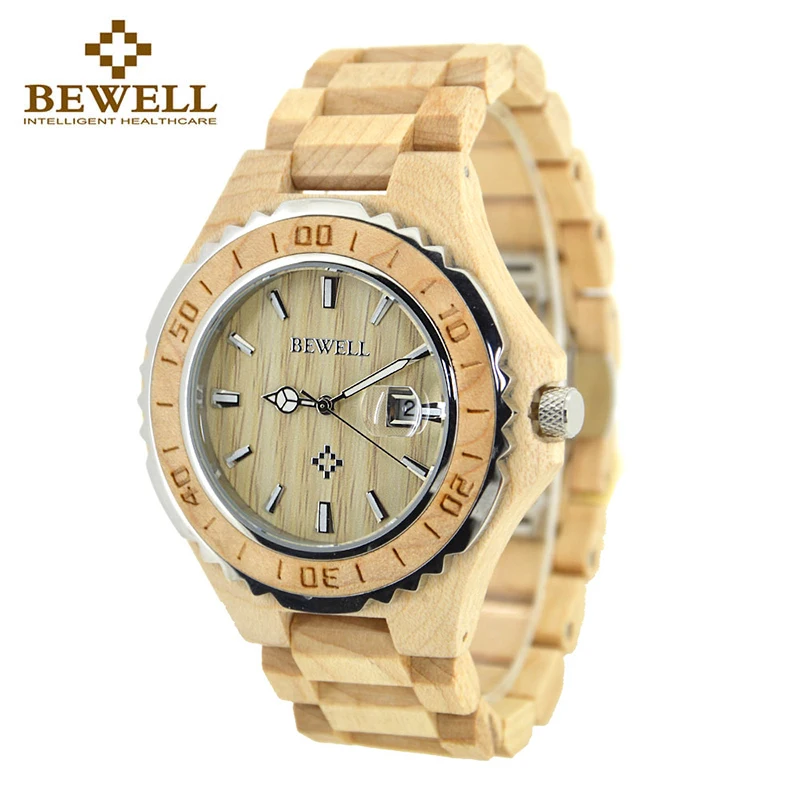 

BEWELL Wood Clock Men Analog Display Auto Date Quartz Mens Watches Top Brand Luxury Water Resistant Hour Gift Box 100BG